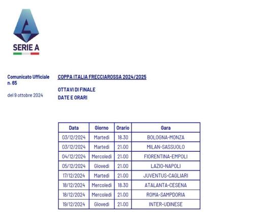意杯1/8決賽賽程：米蘭戰(zhàn)薩索洛、尤文戰(zhàn)卡利亞里、國米戰(zhàn)烏雞