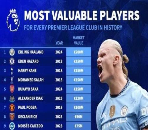 本賽季英超各隊歷史身價(jià)最高球員：哈蘭德第1，4人1.5億第2