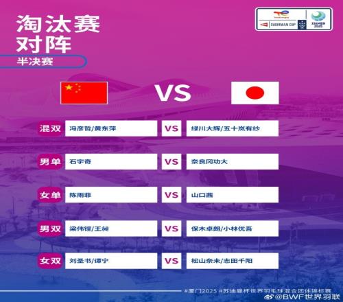 苏杯半决赛国羽vs日本对阵：石宇奇vs奈良冈功大陈雨菲vs山口茜