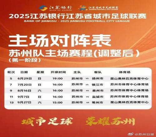 官方：苏州队在苏超联赛的主场调整为昆山市奥体中心