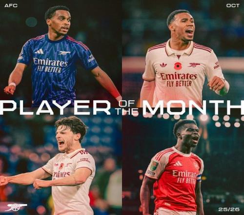 阿森納10月最佳候選：加布里埃爾、賴斯、薩卡、廷貝爾