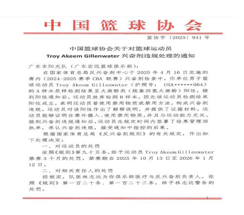 尿檢呈大麻酚類(lèi)陽(yáng)性，CBA一美籍外援被禁賽3個(gè)月