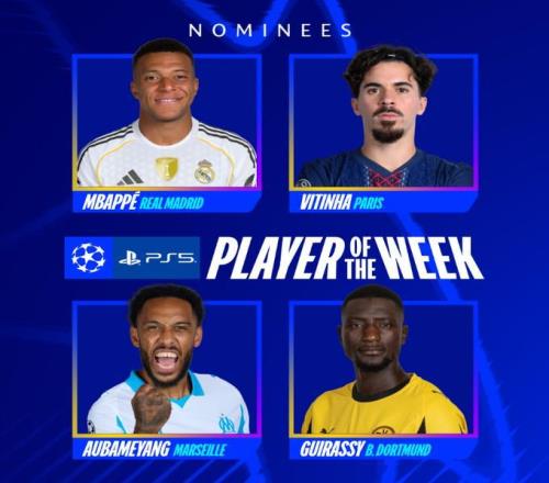 歐冠本輪最佳球員候選：姆巴佩、維蒂尼亞、吉拉西、奧巴梅揚(yáng)