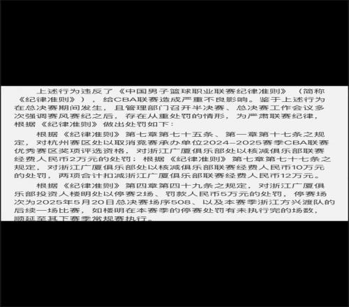 罚单来了！CBA对浙江广厦俱乐部罚款12万孙铭徽罚款3万