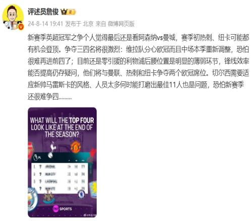 准不准詹俊曾预测阿森纳与曼城争冠，利物浦与曼联、热刺争欧冠