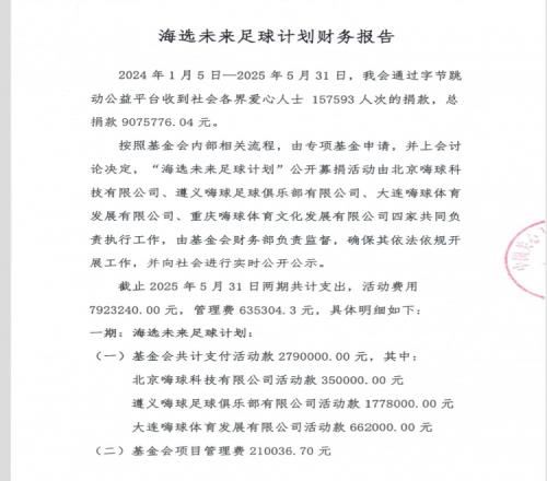 嗨球海选未来财务报告：捐款总额907.5万，教练团队支出约345万