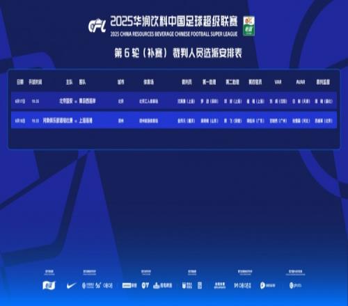 中超补赛裁判：沈寅豪执法国安vs西海岸，金京元执法河南vs海港