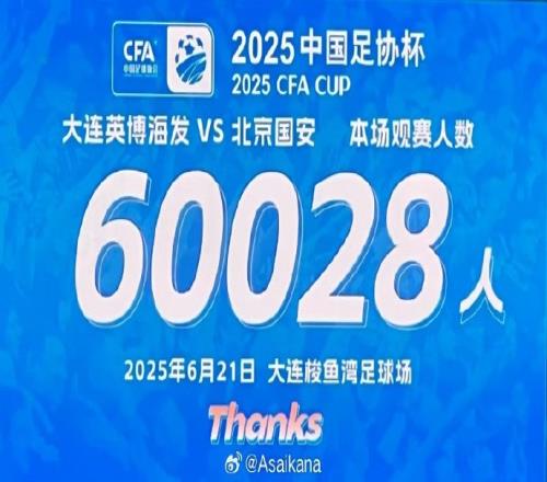 60028名观众观看大连英博VS北京国安比赛创足协杯单场观众纪录
