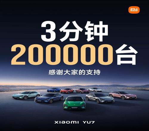 收大米咯！小米官方宣布：YU7三分钟狂销20万台