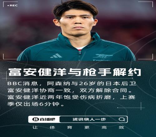 上赛季出场6分钟！BBC：阿森纳与富安健洋解约球员还需养伤5个月