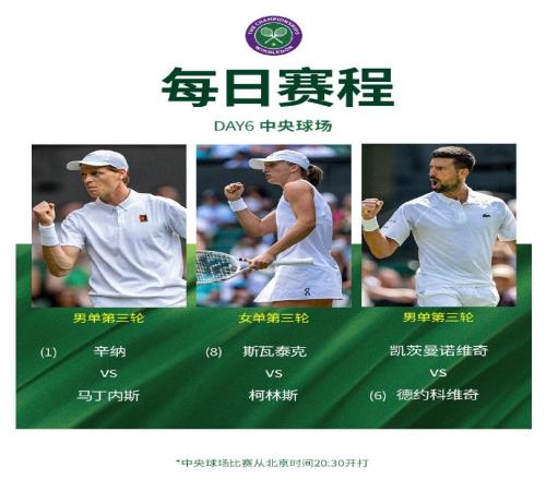 温网今日赛程：德约冲击温网第100胜，辛纳&斯瓦泰克亮相中央球场