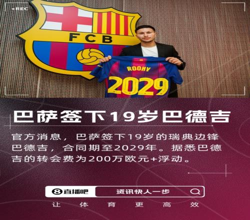 身价750万！官方：巴萨签19岁瑞典边锋巴德吉转会费200万欧+浮动