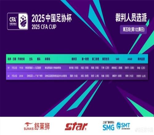 足协杯今日裁判安排：麦麦提江、唐顺齐分别出任两场比赛VAR