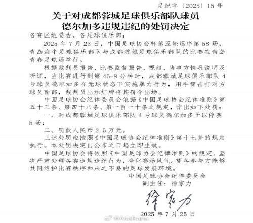 如果成都蓉城晋级足协杯决赛，德尔加多纪律处罚停赛将在决赛执行