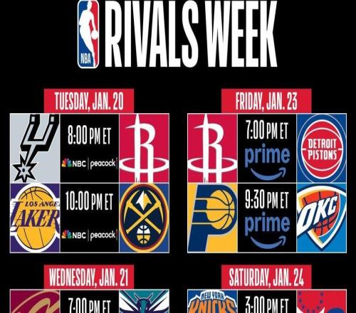 NBA官方公布宿敌周赛程：湖人多达3场，雷霆步行者冤家路窄