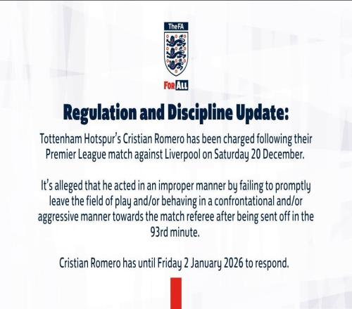 官方：罗梅罗因对利物浦染红后攻击性对抗裁判被英足总指控