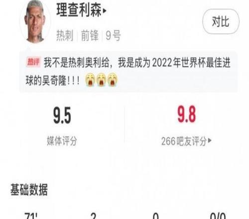 独中两元，理查利森数据：5射3正进2球，预期进球0.76，评分9.5