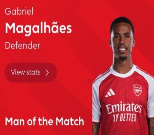 打破僵局，加布里埃尔当选阿森纳vs维拉全场最佳球员