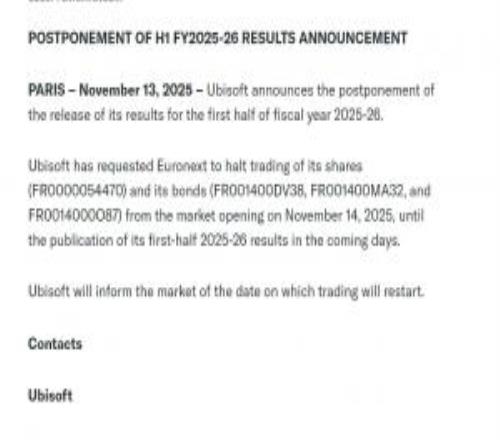 整大活育碧在原定财报发布前几分钟推迟发布财报并暂停股市交易