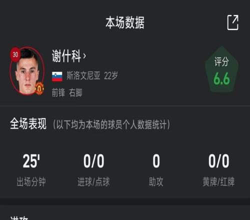 谢什科战阿森纳全场数据：出战25分钟，2脚射门0射正