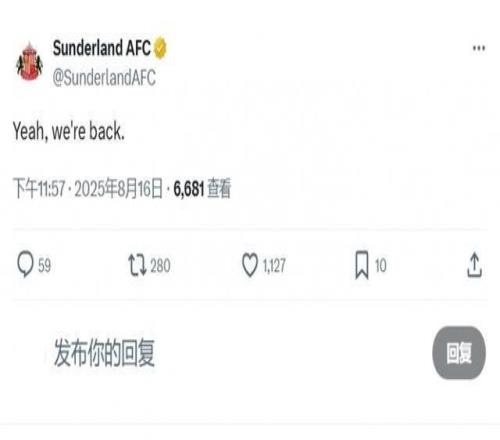 重回英超即大胜桑德兰官方社媒发文：是的，我们回来了