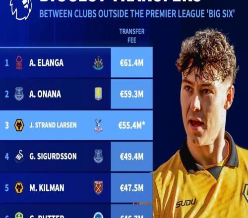 德转统计英超除BIG6外历史最贵交易：纽卡6140万欧签埃兰加第1